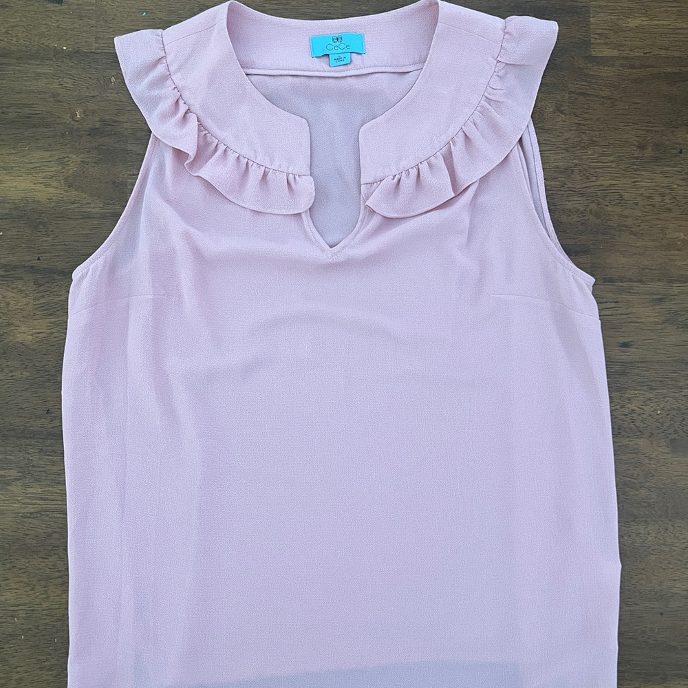 Cecelia Pink Sweet Sleeveless Blouse Pink with Ruffle Detail V-Neck
